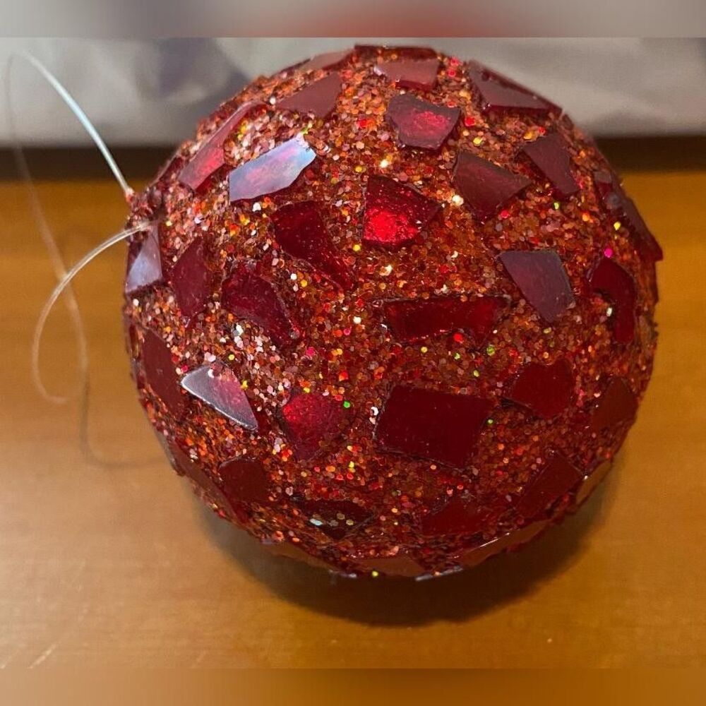 Vintage Red Glitter Plastic Christmas Bauble Hanging Tree Ornament Decor